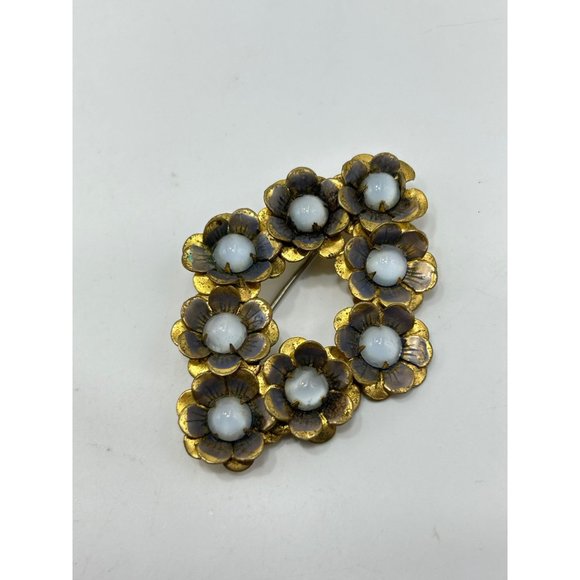 Vintage Flowers Brooch Blue Moonstone Glass Cabochons Brass Tone Older Pin - Picture 3 of 8